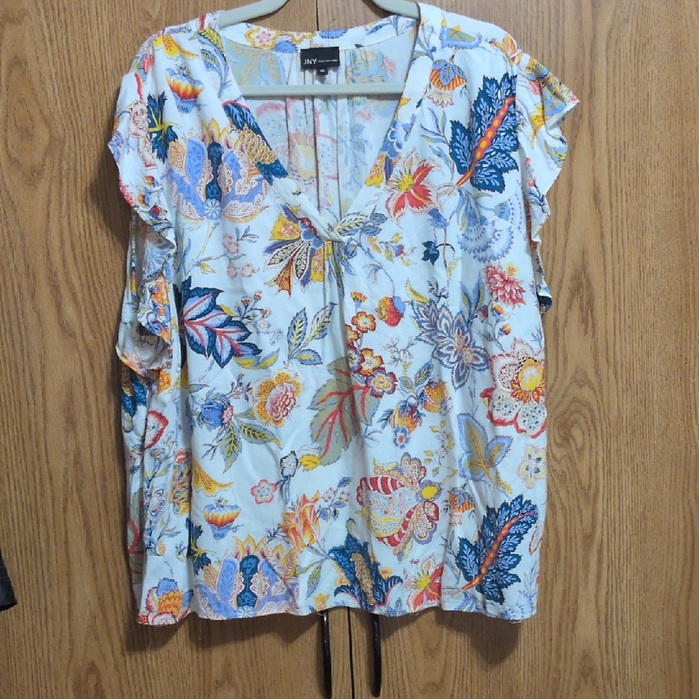 NY Collection Orange and Blue Tie Front Blouse